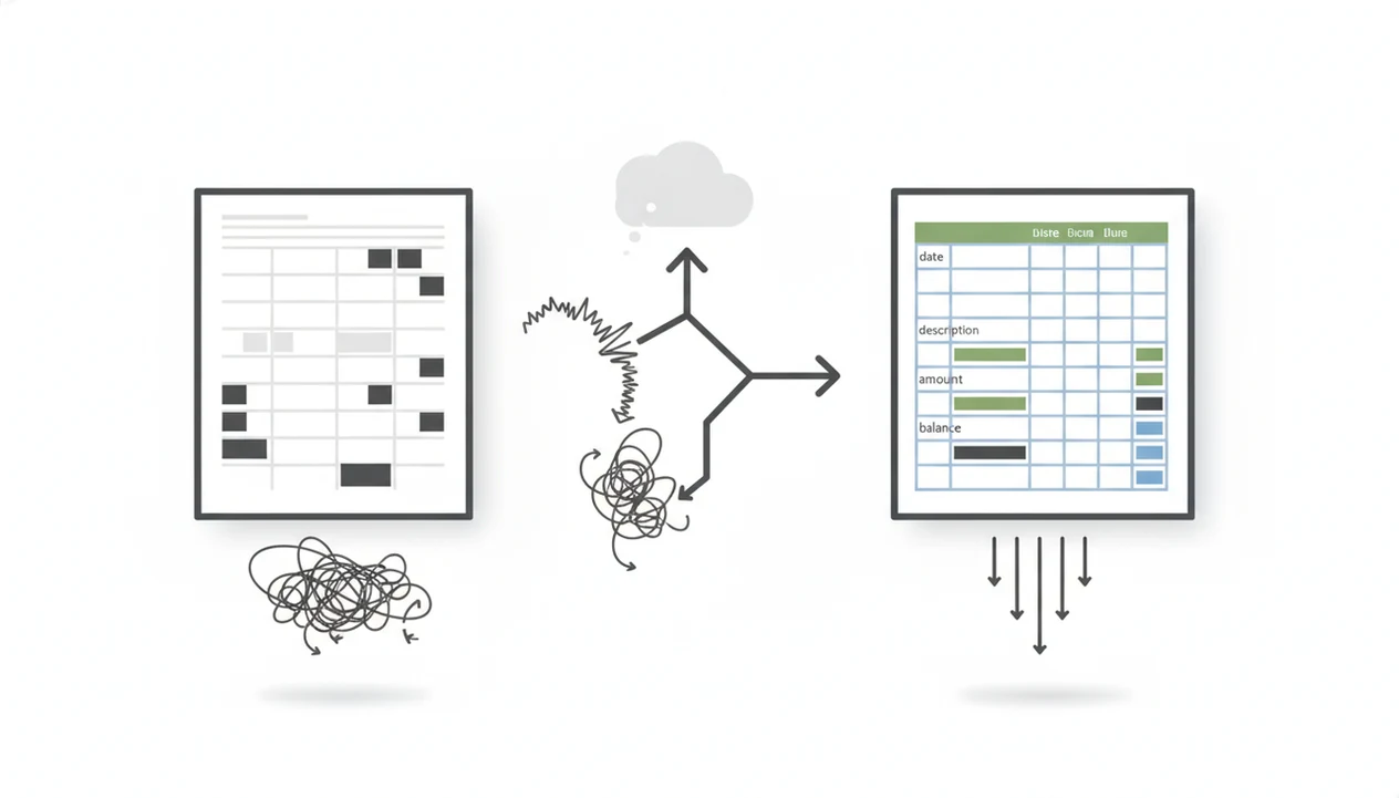 A split workflow illustration contrasts messy PDF table export with clean bank transaction rows.