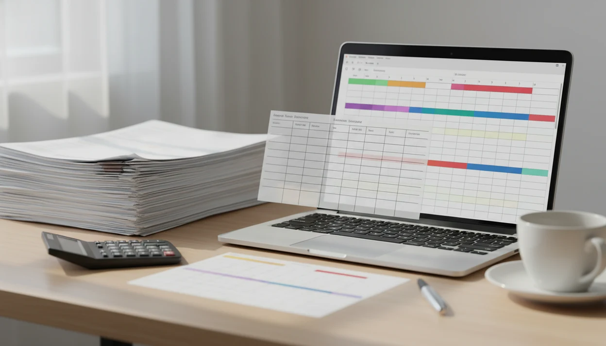 Bank statement pages visually transforming into a clean spreadsheet on a laptop for bookkeeping review.