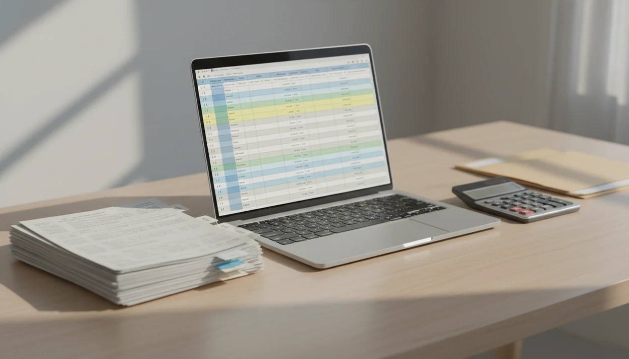 Old bank statement PDFs sit beside a laptop showing clean transaction rows for bookkeeping cleanup.