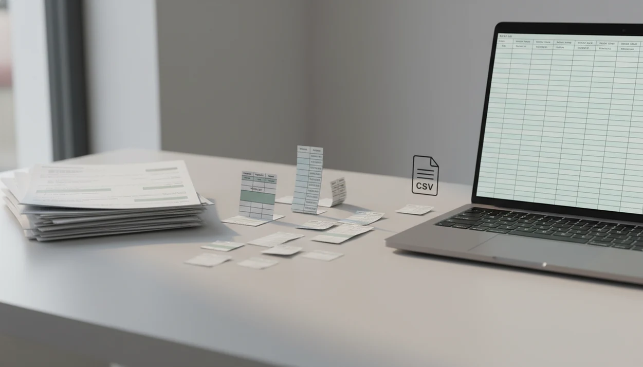 Messy bank statement pages transition into a clean spreadsheet on a laptop in a tidy office workspace.
