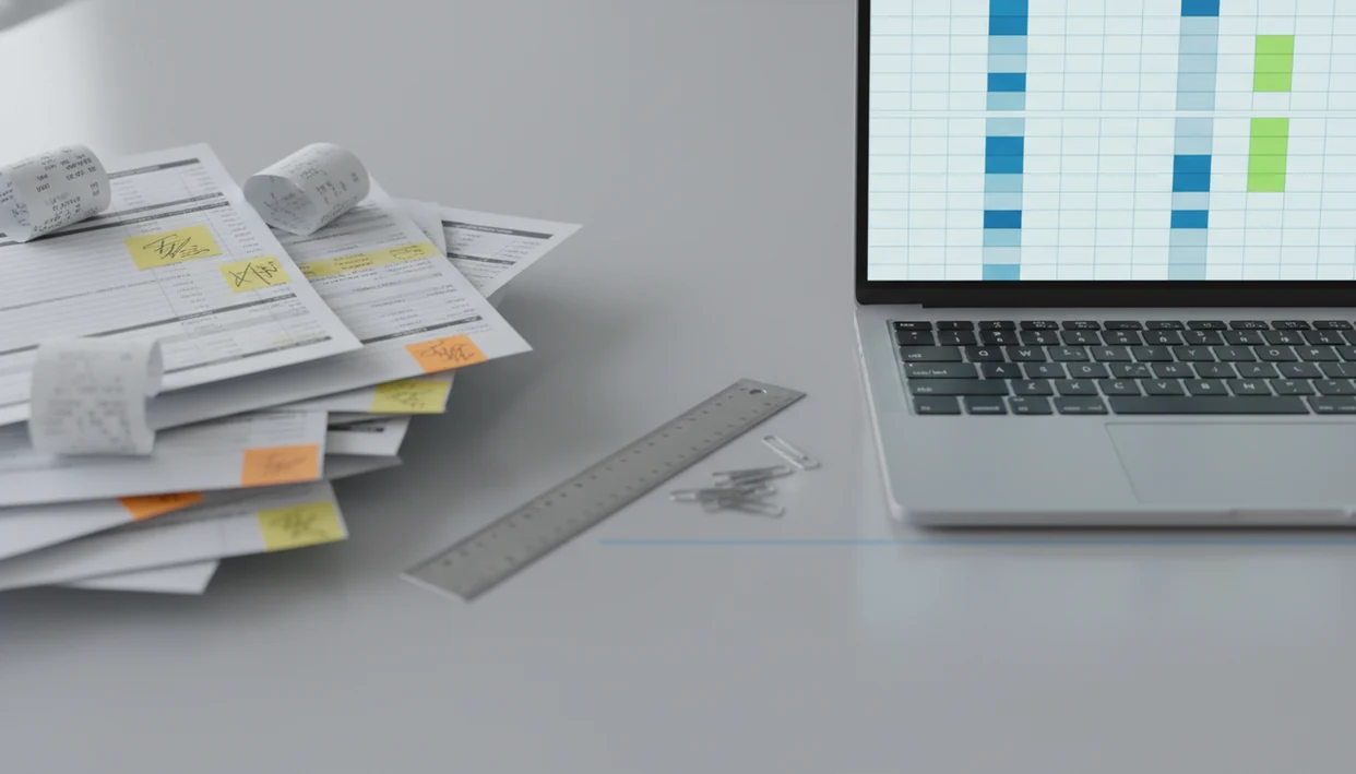 Messy statement pages transform into a clean spreadsheet on a neutral accounting desk.
