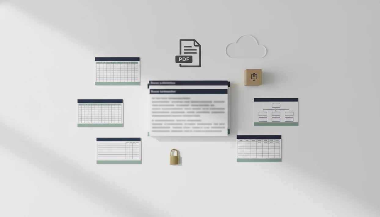 A desk layout compares several ways to convert bank statement PDFs into structured accounting files.