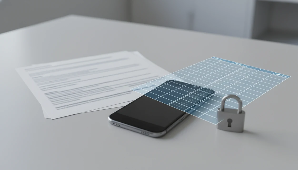 An Android phone beside blurred bank statement pages and abstract spreadsheet rows suggesting secure PDF conversion.