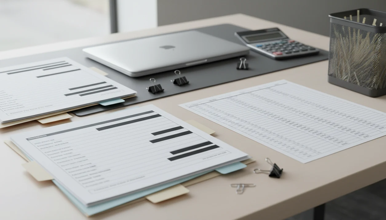 An organized bookkeeper desk shows client bank statement PDFs being prepared for clean spreadsheet export.