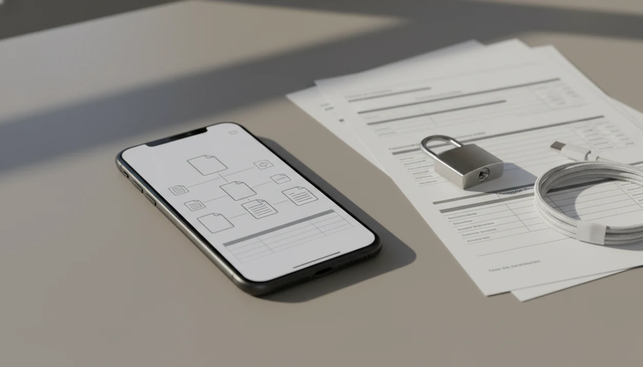 An iPhone beside blurred bank statement pages, a lock, and abstract export grids on a clean desk.
