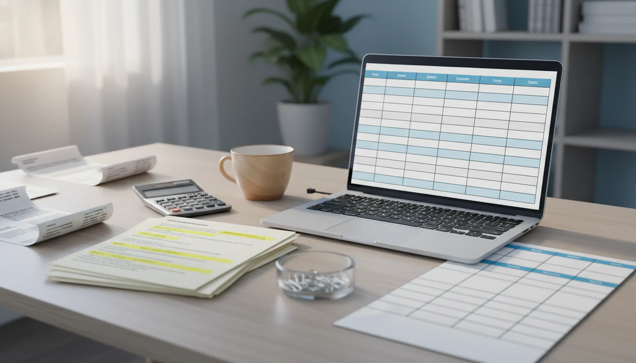 A small business bookkeeping desk shows paper bank statements being organized into a spreadsheet on a laptop.