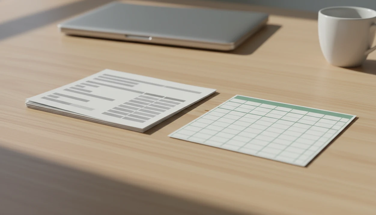 Bank statement pages transforming into a clean spreadsheet file on a tidy desk.