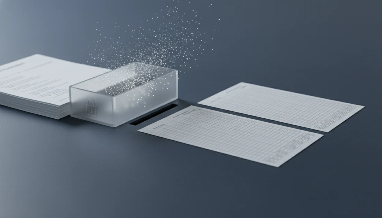 A secure file conversion scene shows bank statement pages becoming outputs while originals dissolve.