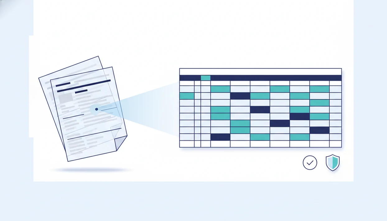 Scanned bank statement pages being converted into structured spreadsheet rows with privacy and validation symbols.