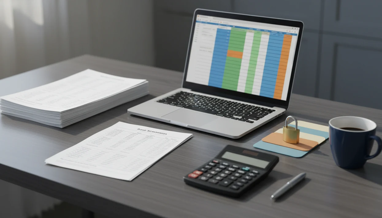 A secure accounting desk setup shows blurred bank statements converting into clean spreadsheet files.
