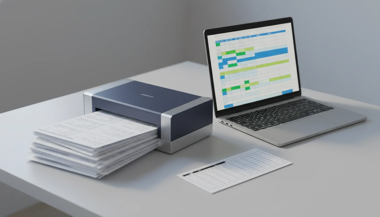 A scanner and laptop show blurred bank statements being turned into structured spreadsheet data.