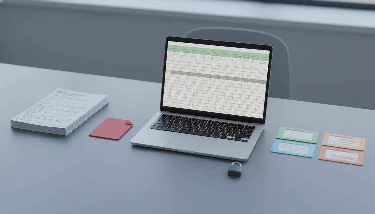 A secure desk setup shows blurred bank statements converting into clean spreadsheet-style files.