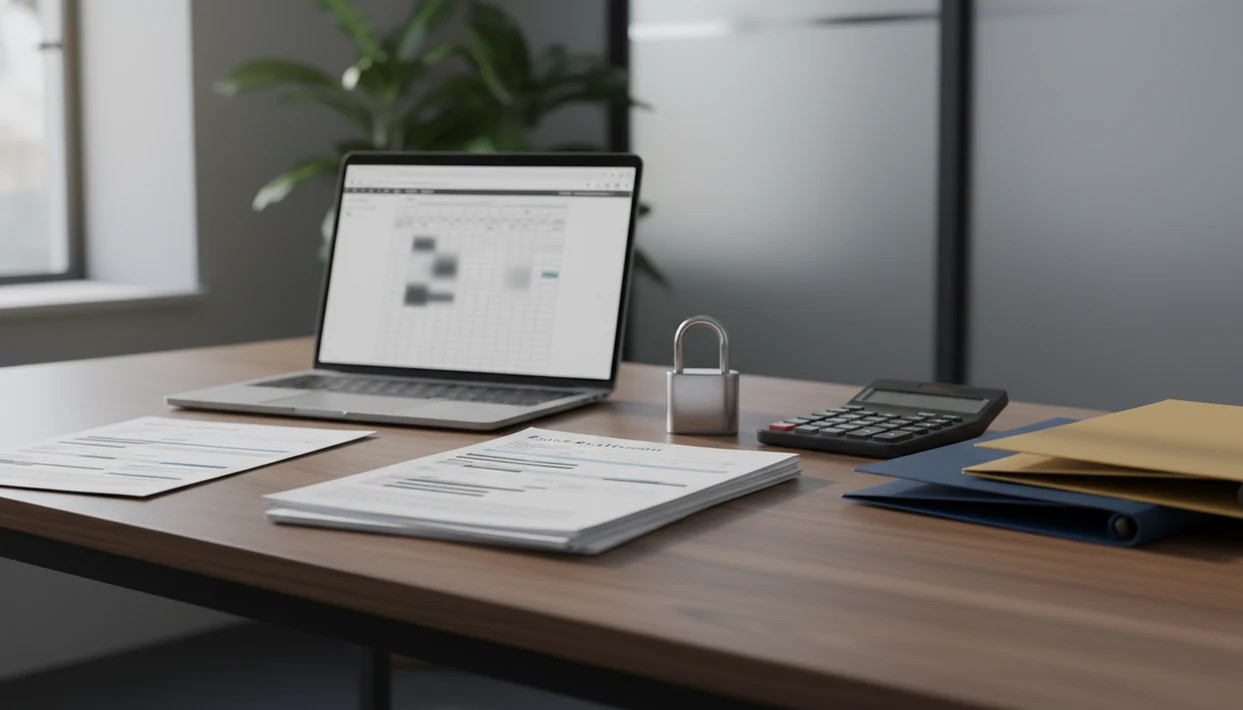 A secure accounting desk setup with bank statements, laptop spreadsheet grid, folders, calculator, and padlock.