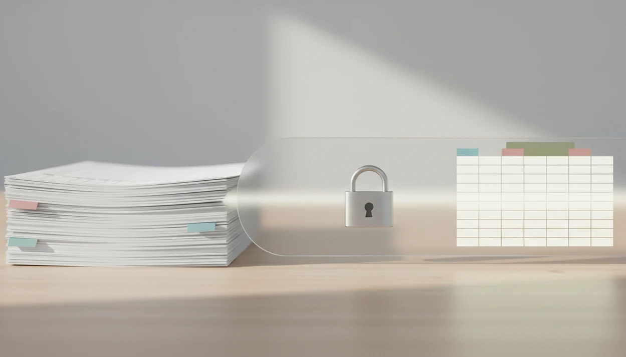 A batch of generic statement pages converts into organized spreadsheet rows with a privacy lock nearby.