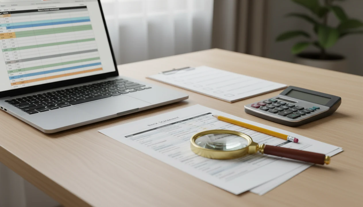 A desk workspace compares a blurred bank statement with a spreadsheet during accuracy checks.