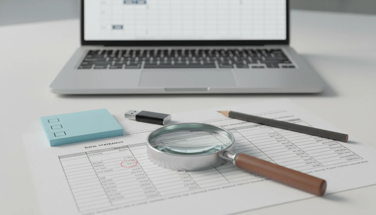 A magnifying glass highlights an error row on a converted bank statement beside a blurred spreadsheet.