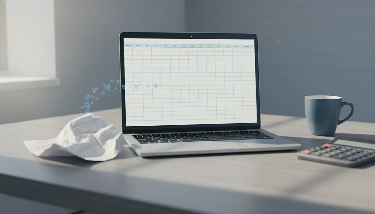 A blurred bank statement appears to convert into a clean spreadsheet grid on a laptop.
