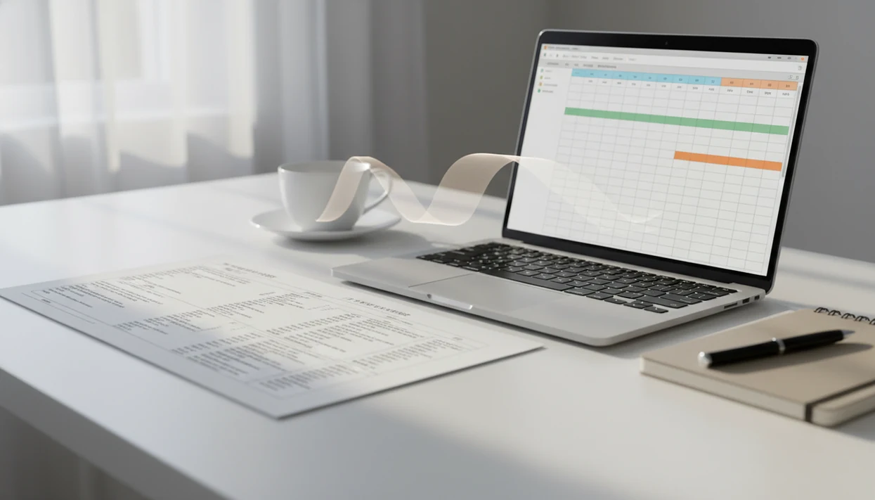 A blurred bank statement beside a laptop showing a clean spreadsheet grid for Excel review.
