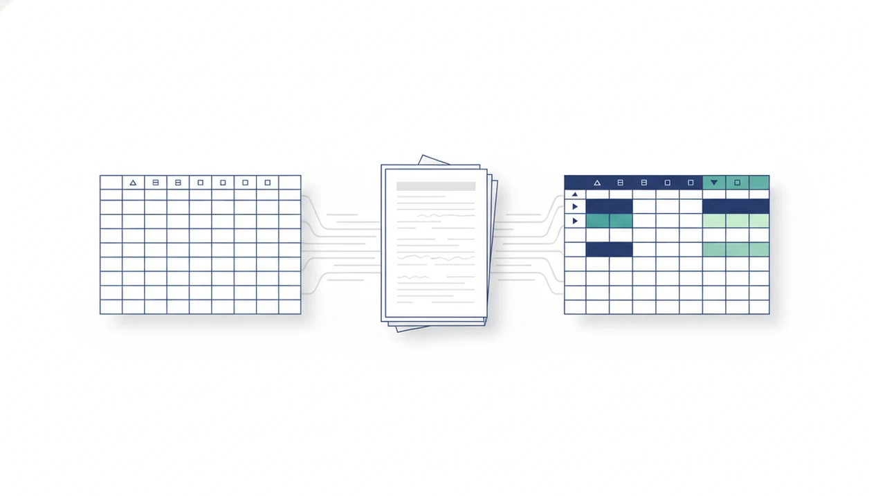 A bank statement stack splits into a plain grid and a formatted spreadsheet for CSV and Excel comparison.