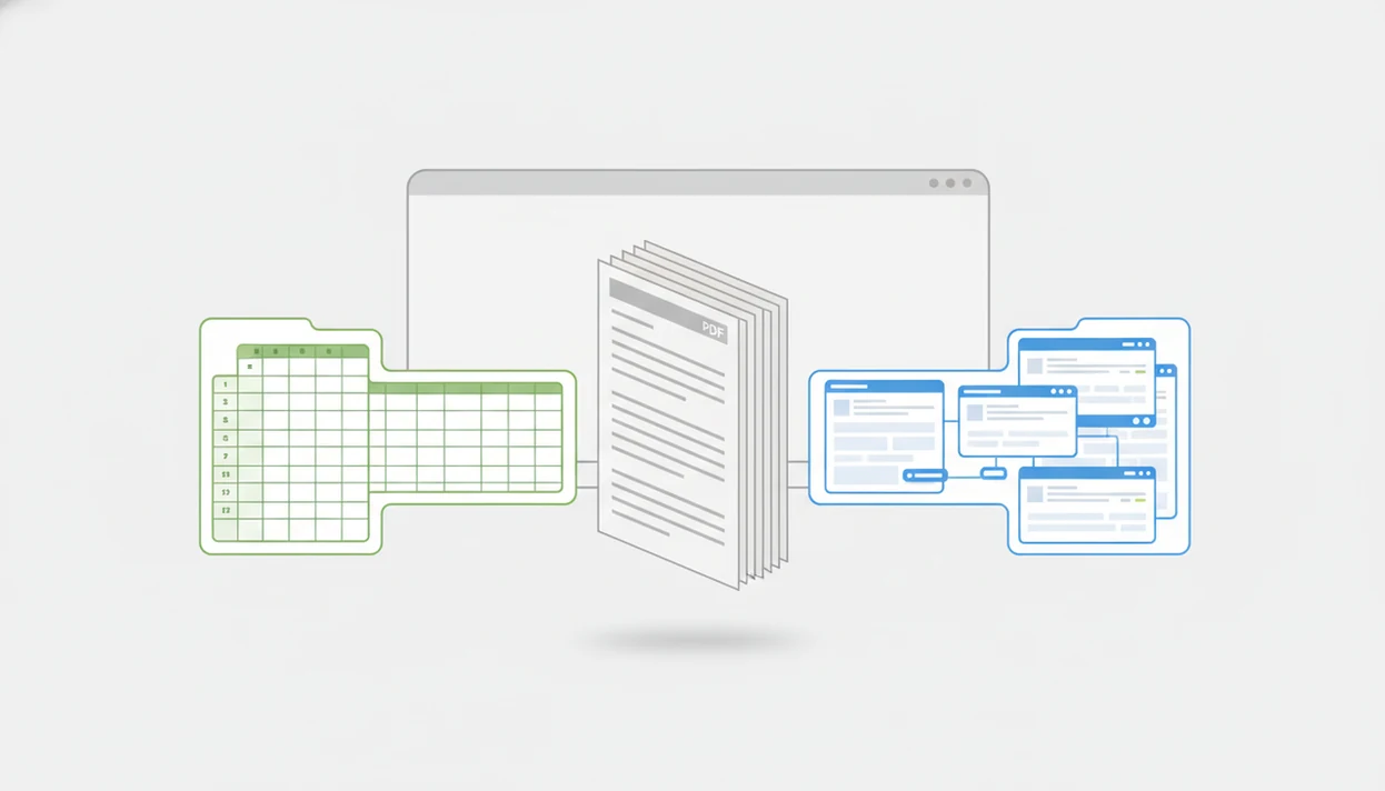 A clean illustration shows PDF bank statements splitting into CSV tables and structured QBO-style banking files.