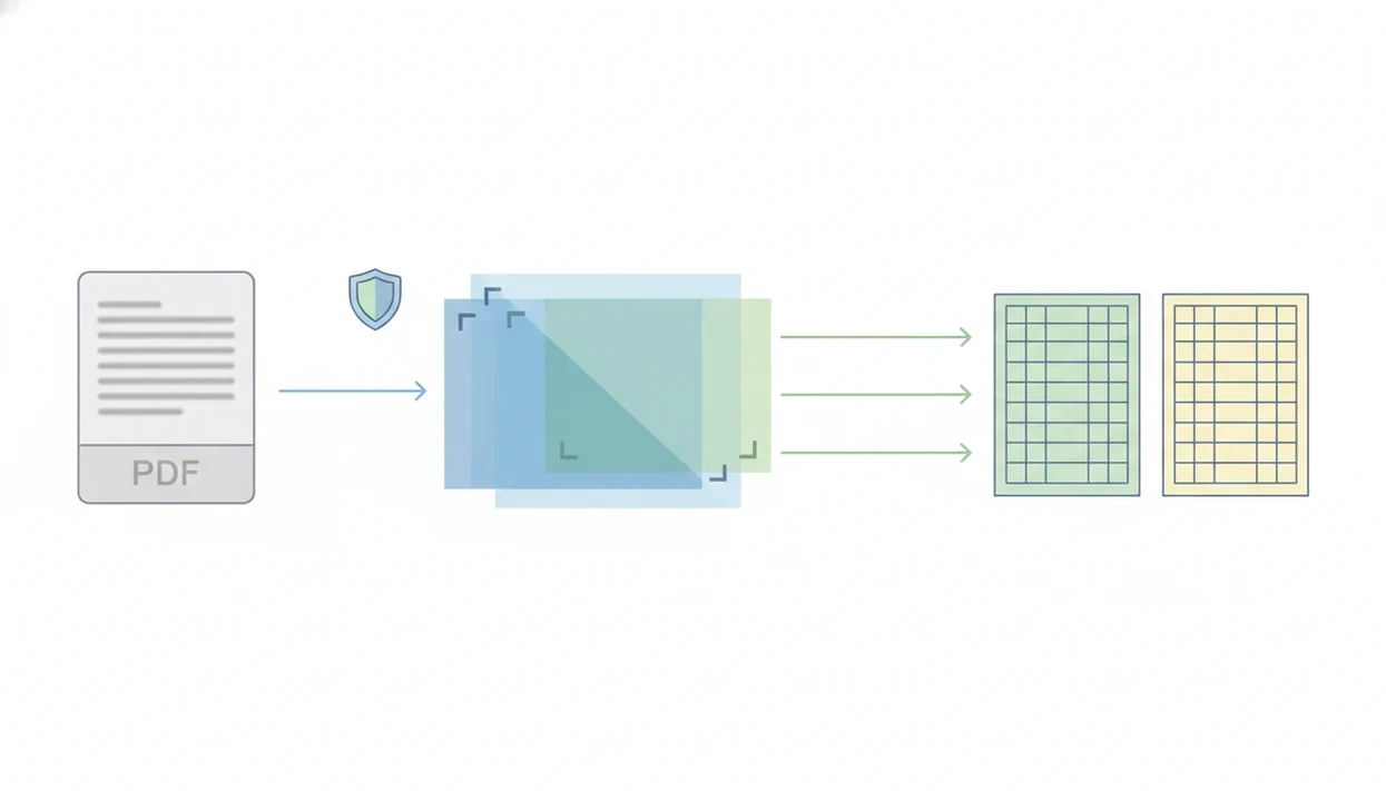 A simple diagram shows a PDF statement flowing through processing into clean spreadsheet-style outputs.