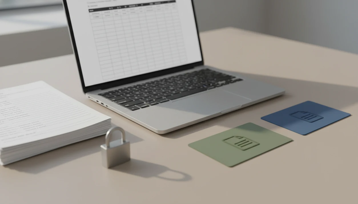 A desk still life shows bank statements, abstract spreadsheet rows, export cards, and a small privacy lock.