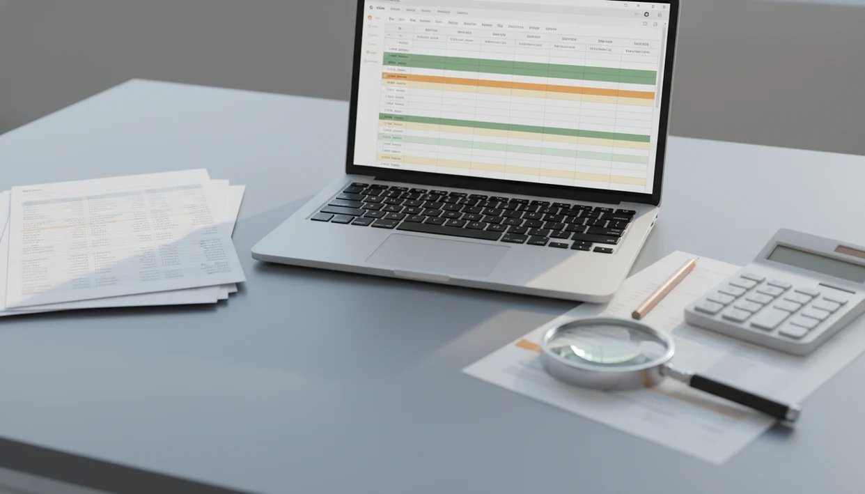 A desk shows blurred bank statement pages being checked against a clean spreadsheet on a laptop.