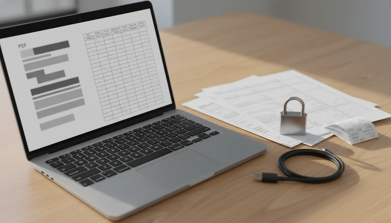 A laptop, blurred bank statements, receipts, and a padlock suggest secure PDF-to-spreadsheet conversion.