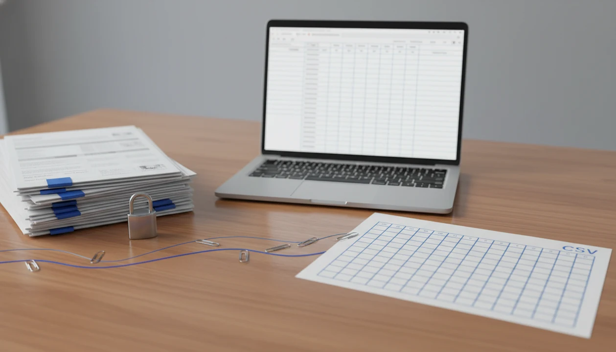 A desk shows blurred bank statement pages converting into a clean spreadsheet with a privacy lock nearby.