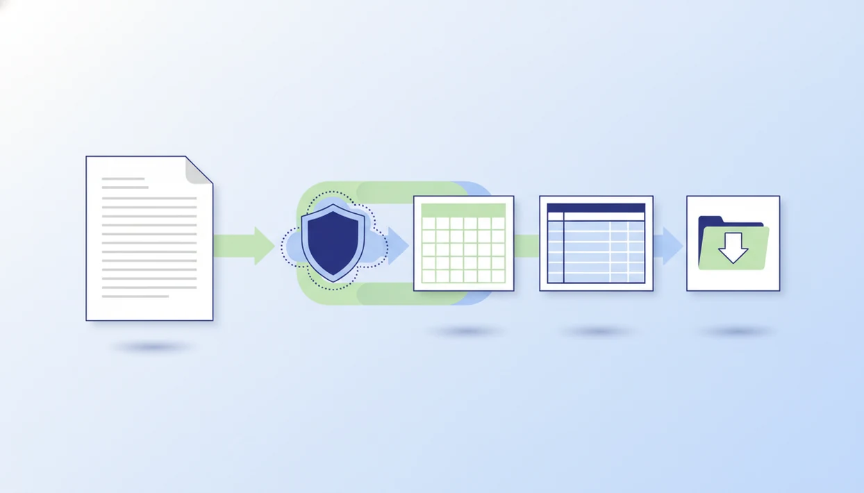 A PDF bank statement is converted into structured spreadsheet and accounting files through a secure workflow.