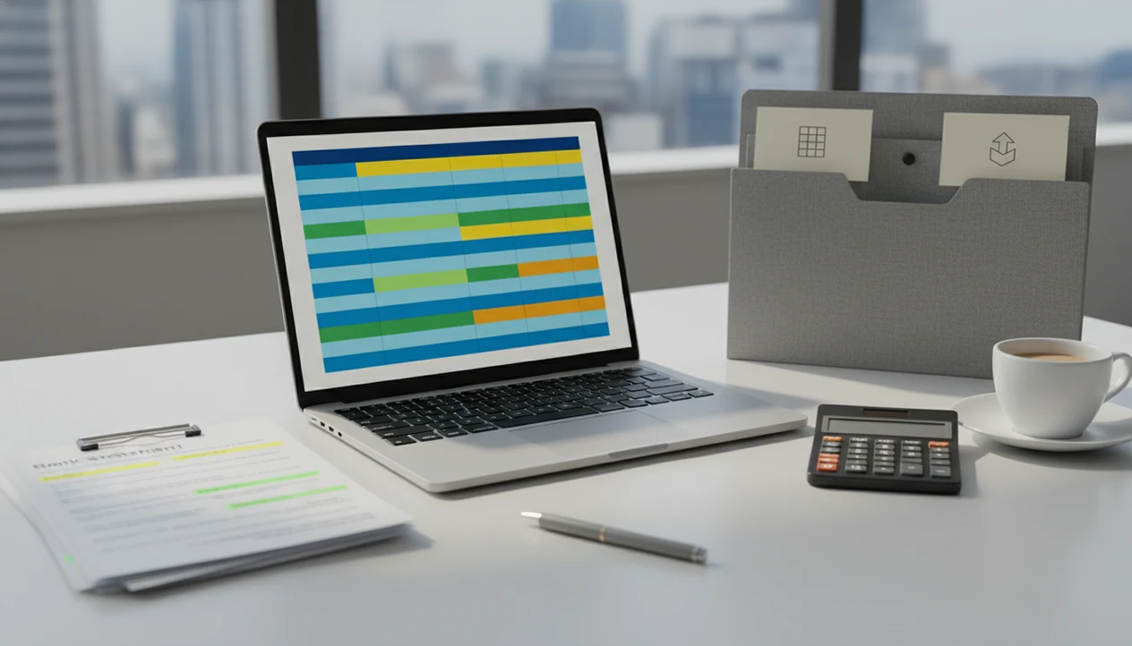 A desk shows bank statement pages being organized into spreadsheet-ready import files.