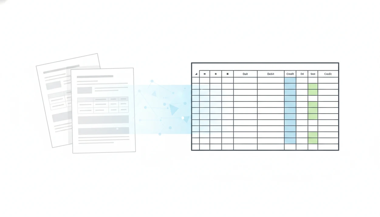 A PDF bank statement visually converts into a clean spreadsheet through an AI processing layer.