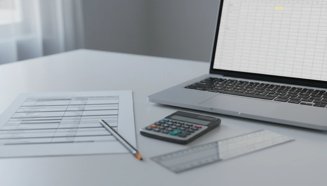 A desk shows a blurred bank statement being compared with a spreadsheet to check for missing rows.