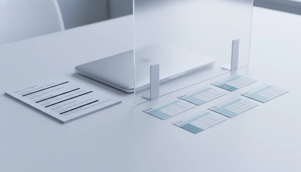 Redacted bank statements pass through a privacy shield into clean spreadsheet-style output cards.