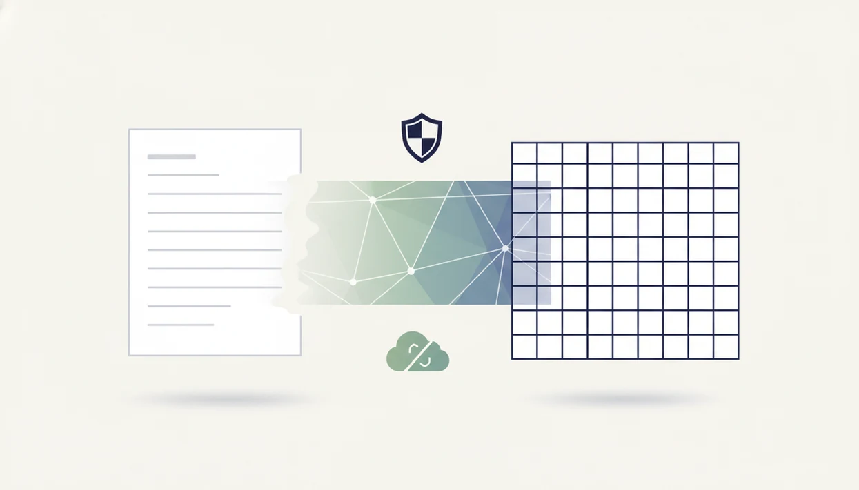A PDF bank statement transforms into a clean spreadsheet grid with privacy and deletion symbols nearby.