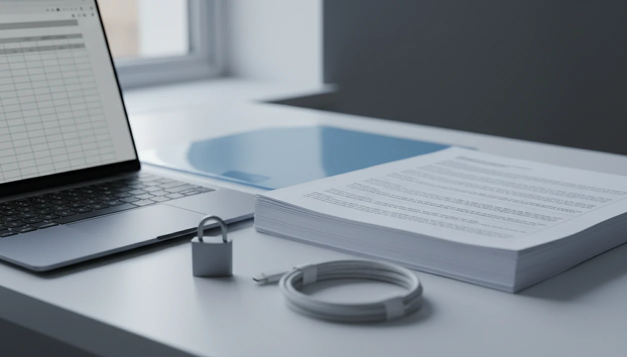 A blurred bank statement, laptop, and padlock suggest private conversion of financial documents.