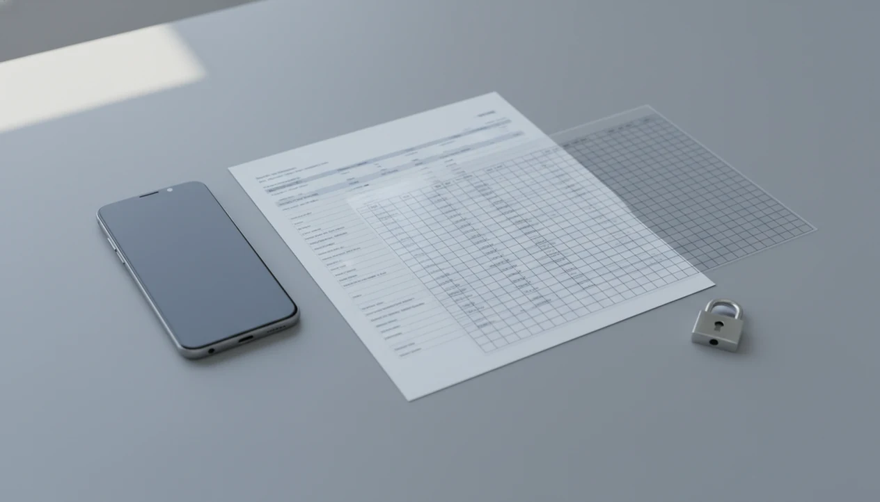 An Android phone, bank statement page, spreadsheet sheets, and a small lock arranged on a tidy desk.
