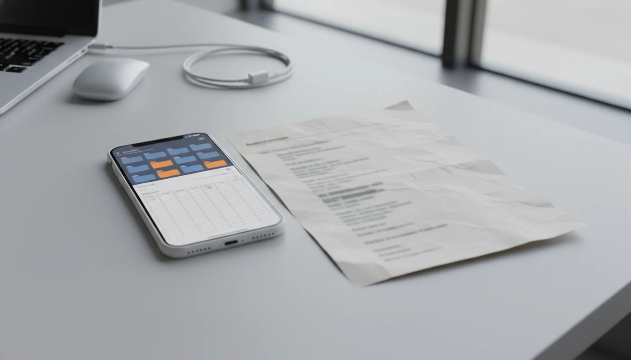 An iPhone beside a blurred bank statement and spreadsheet grid, suggesting PDF conversion to CSV or Excel.