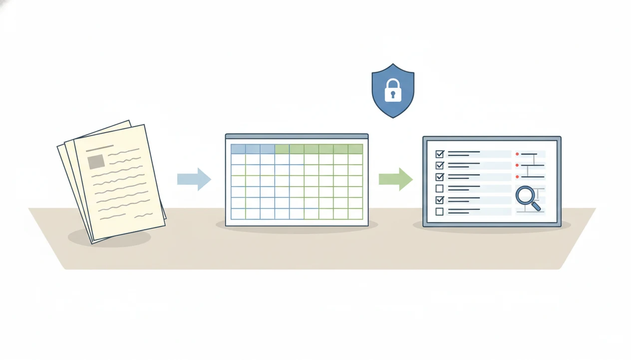 A clean workflow illustration shows bank statement pages becoming a spreadsheet and reviewed accounting rows.