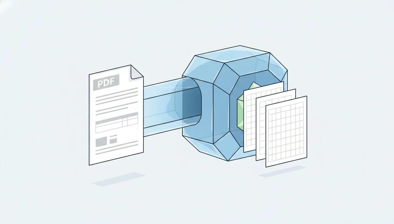 A bank statement document passes through a secure vault-like process into spreadsheet-style files.