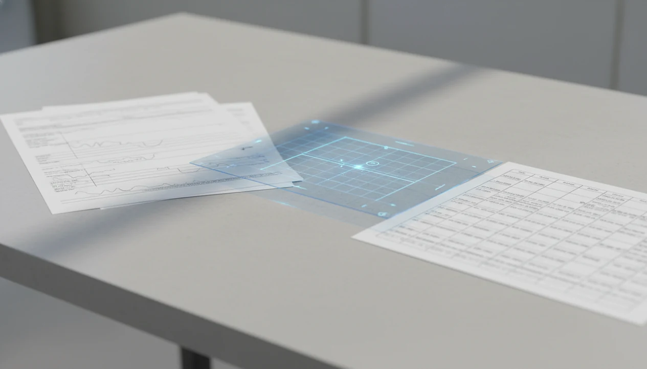 Messy statement pages are visually parsed into a clean spreadsheet layout on a desk.
