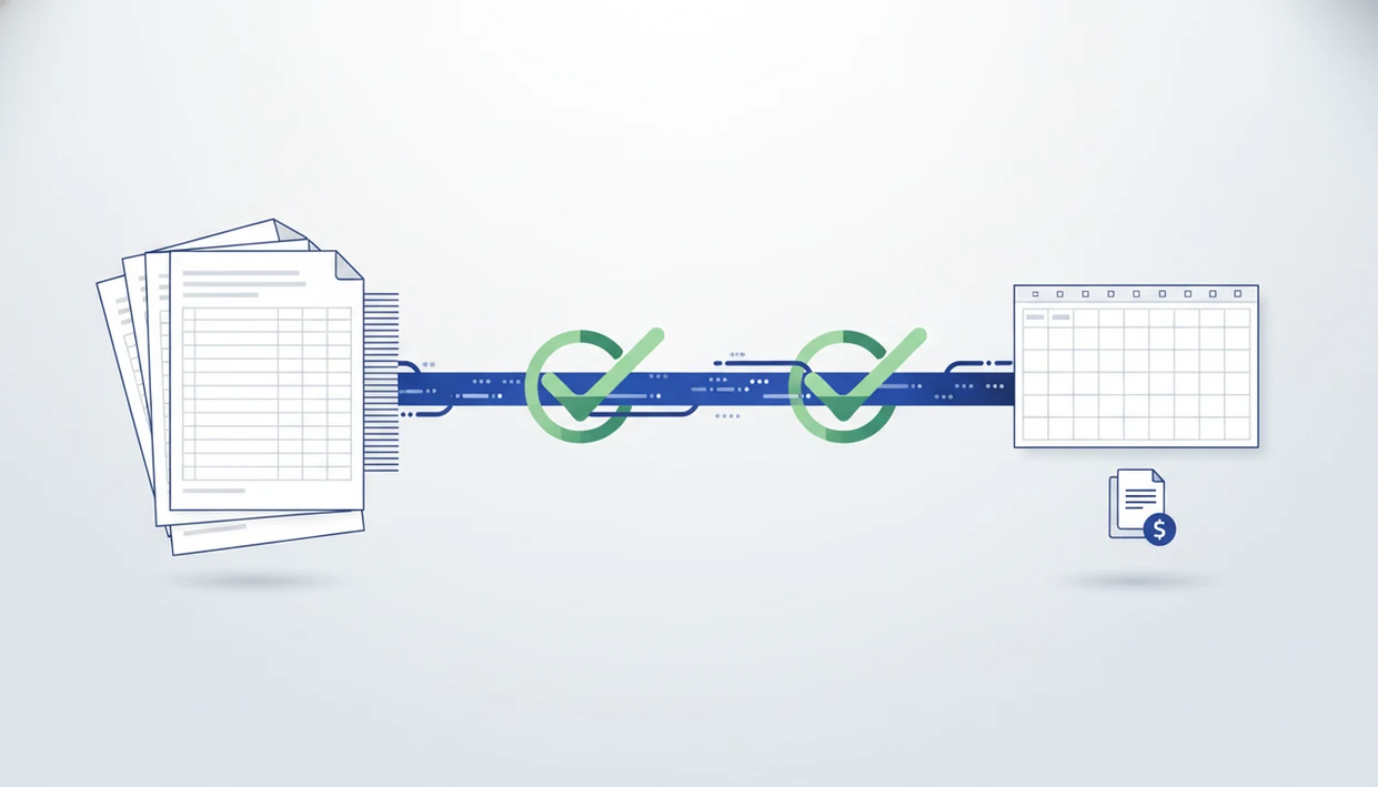 A long stack of statement pages flows through validation points into a clean spreadsheet-style output.