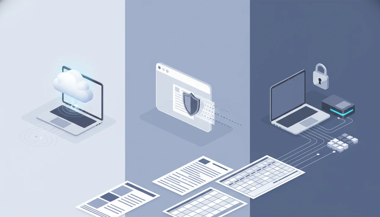 A split desk illustration compares cloud, browser, and offline bank statement conversion workflows.
