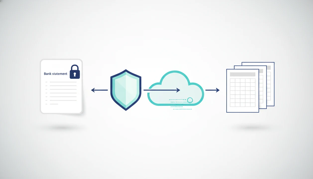 A secure workflow illustration shows a locked bank PDF converting into spreadsheet-style financial files.