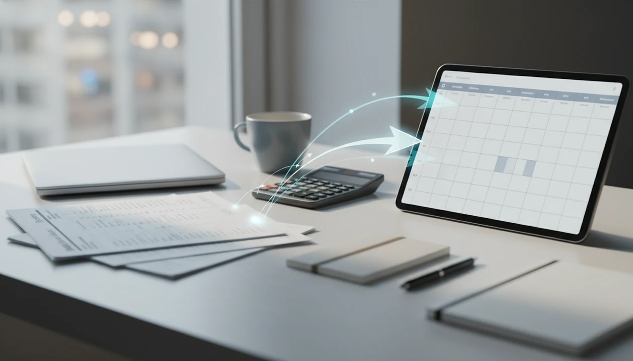A finance desk shows blurred statement pages being converted into a clean spreadsheet-style file.