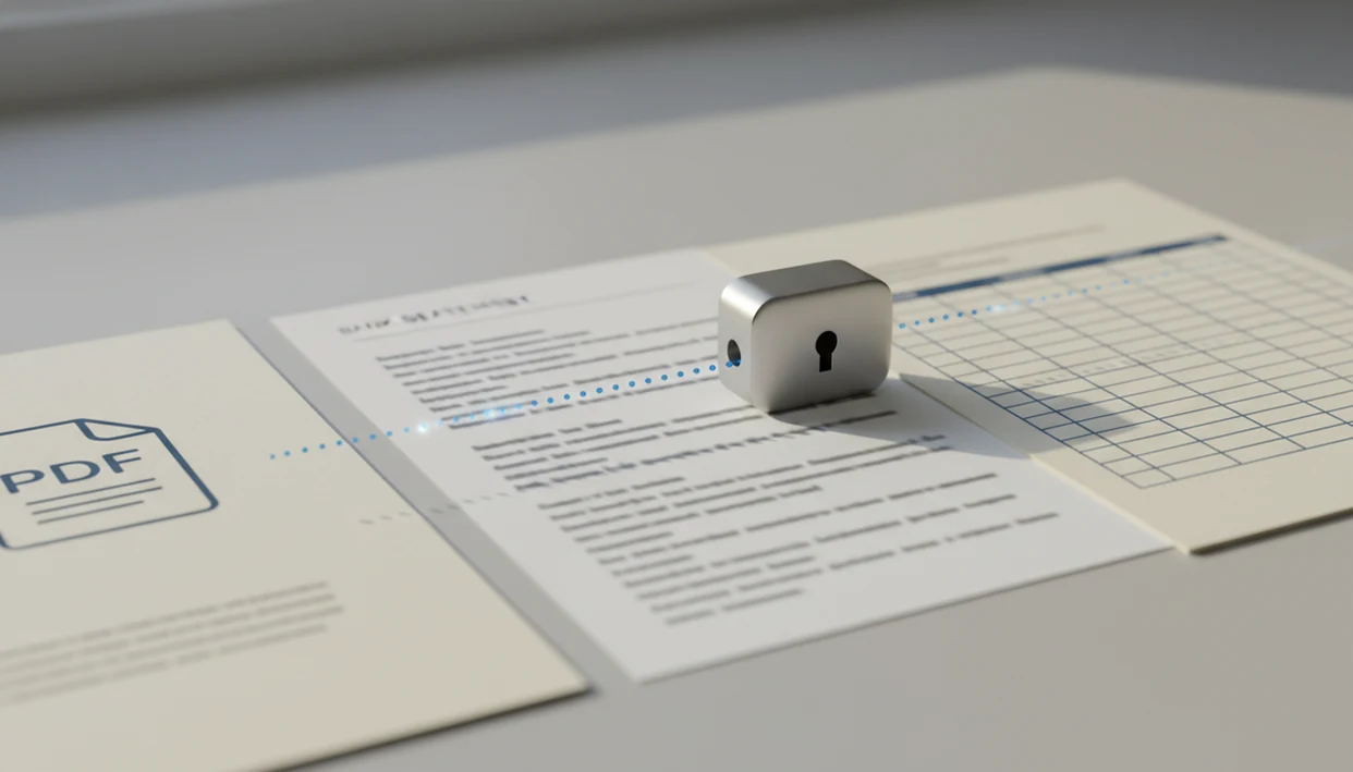 A blurred bank statement transforms into a clean spreadsheet through a privacy lock on a quiet desk.