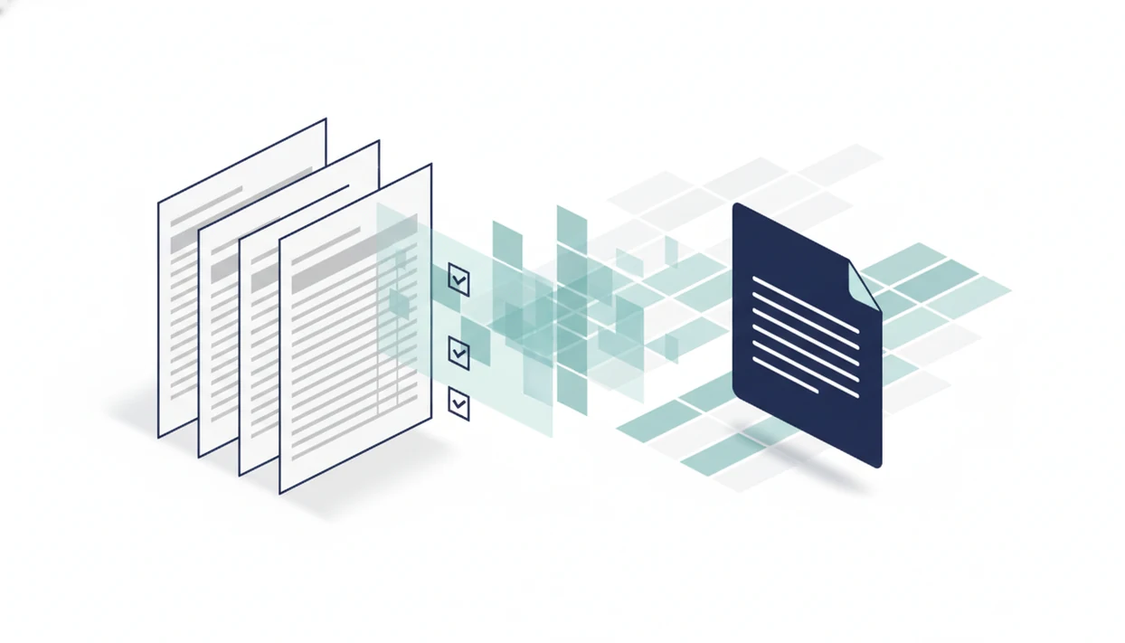 Generic bank statement pages transform into a structured accounting import file in a clean fintech illustration.