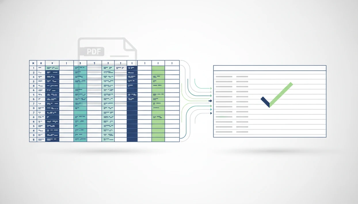 A spreadsheet grid flows into an organized accounting ledger, suggesting mapped bank statement CSV import.