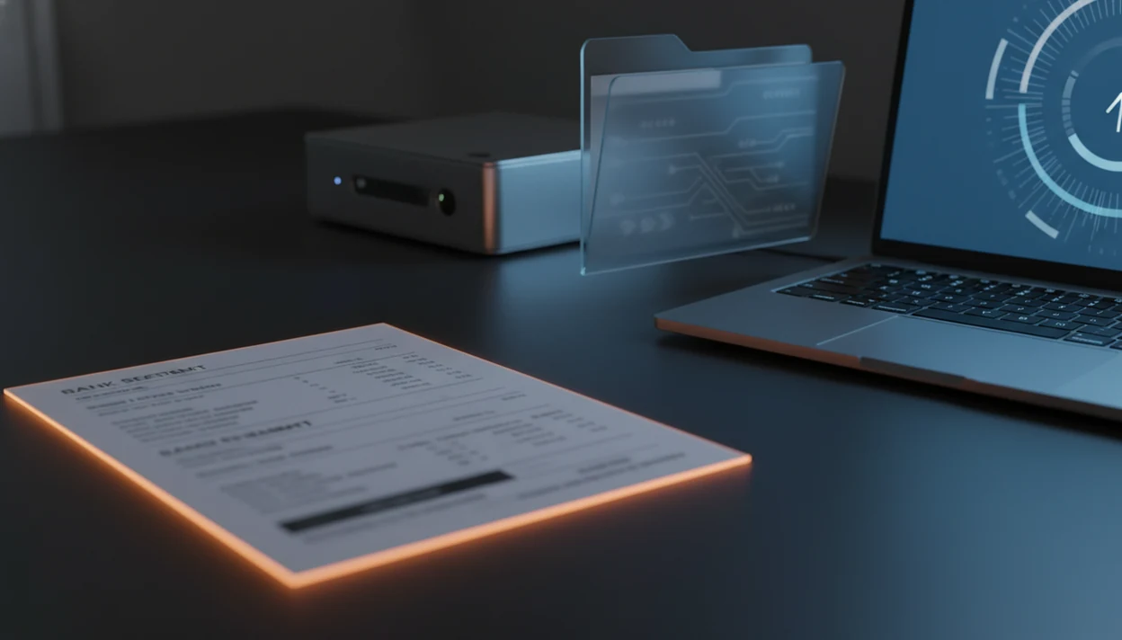 A blurred bank statement appears to transfer from a laptop toward an unclear server, suggesting upload risk.