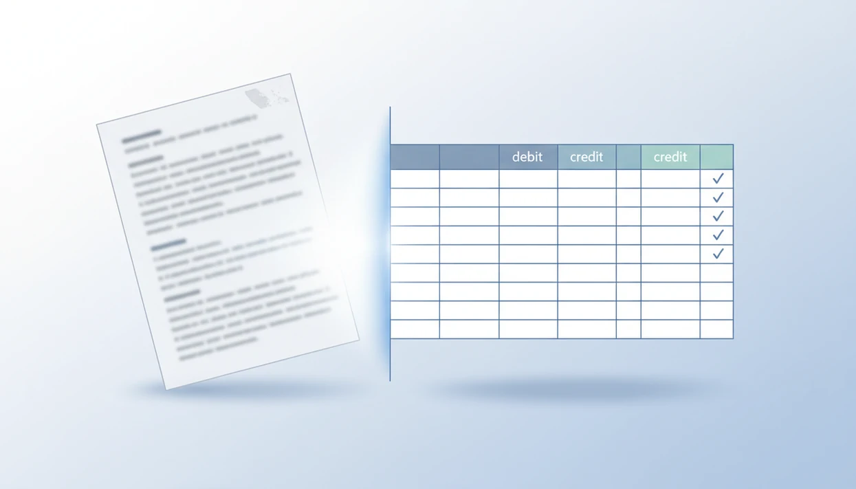 A scanned statement transforms through OCR into a clean spreadsheet grid for CSV export.